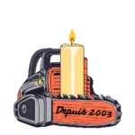 Illustration d’une tronçonneuse avec une bougie “Depuis 2003” représentant les années d’expérience de l’entreprise.